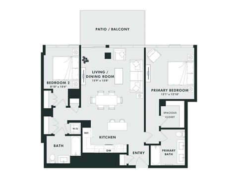 A black and white floor plan of a house with two bedrooms, a living room, a dining room, a kitchen, a bath, and an entry.